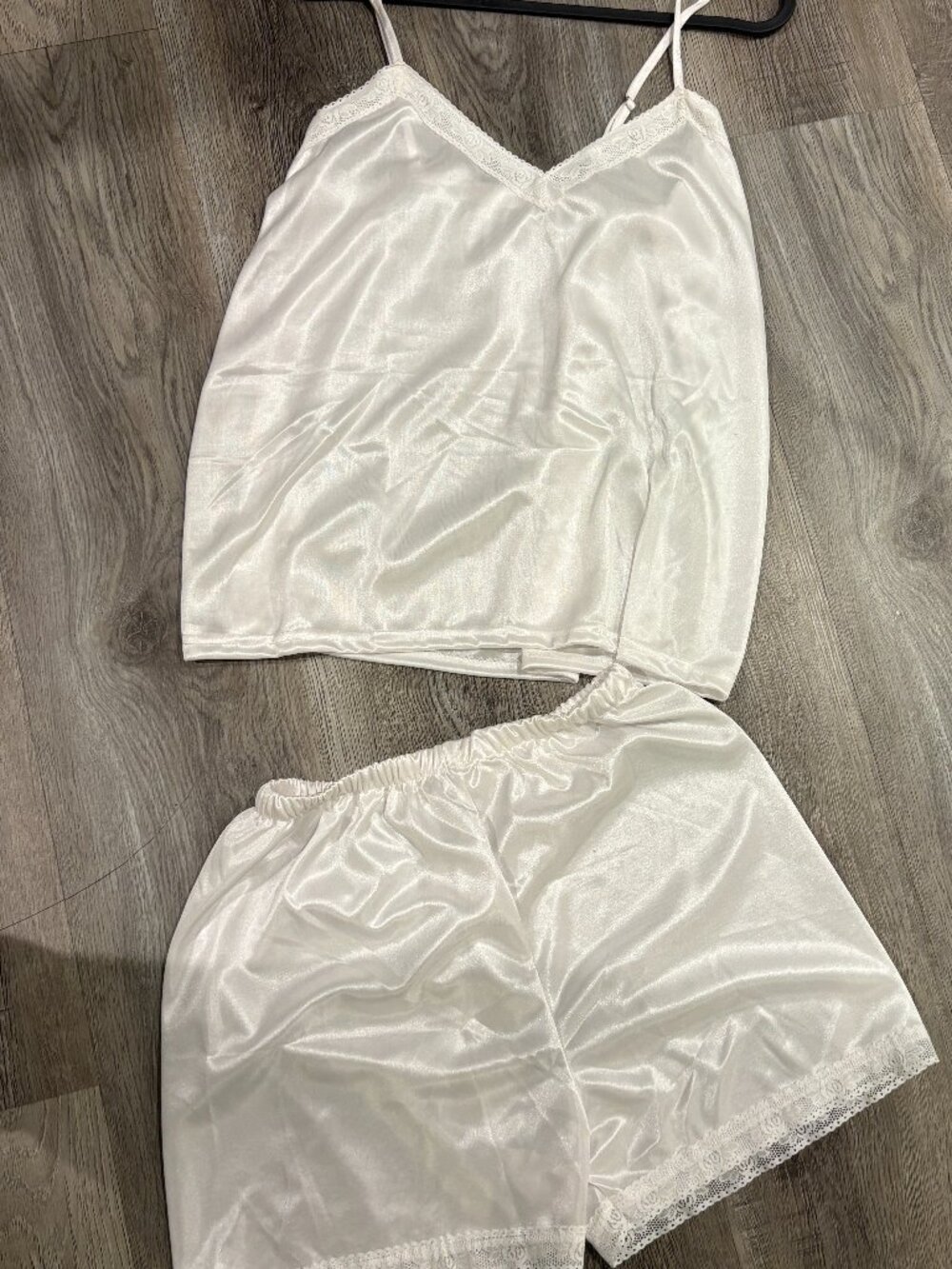 White Satin Cami & Shorts Set with Black Lace Trim New without tags